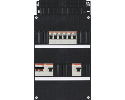 ABB voorbedrade groepenkast met installatieautomaten en aardlekschakelaars voor elektrische installaties.