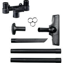 Stofzuigeraccessoireset van zwarte kunststof met vloermondstuk, zuigbuizen, kierenmondstuk, meubelmondstuk en accessoirehouder.