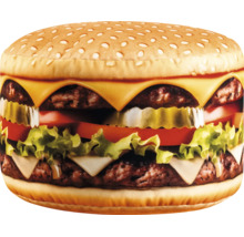 Sierkussen in de vorm van een dubbele cheeseburger van textiel met realistische print.