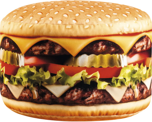 Sierkussen in de vorm van een dubbele cheeseburger van textiel met realistische print.