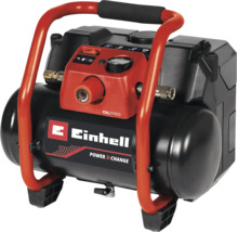 Draagbare Einhell accu-compressor uit de Power X-Change serie, olievrij, met manometer en drukregelaar.