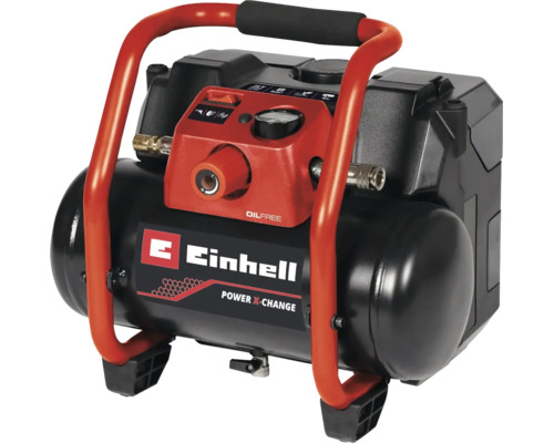 Draagbare Einhell accu-compressor uit de Power X-Change serie, olievrij, met manometer en drukregelaar.