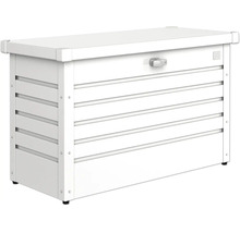 Witte metalen tuinbox, afsluitbaar, voor tuingereedschap en kussens.