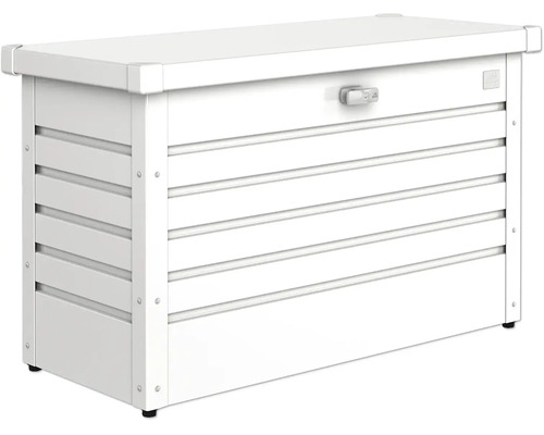 Witte metalen tuinbox, afsluitbaar, voor tuingereedschap en kussens.