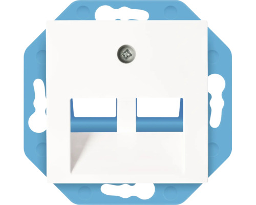 Witte afdekplaat voor een tweevoudige netwerkdoos op een blauwe draagring met centrale bevestigingsschroef.