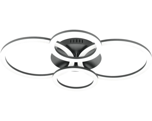 Moderne LED-plafondlamp met vier elkaar kruisende cirkelvormige en ovale lichtringen op een donkere basis.