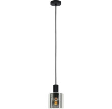 Hanglamp met cilindrische glazen kap, zwarte houder en zichtbare led-filamentlamp.