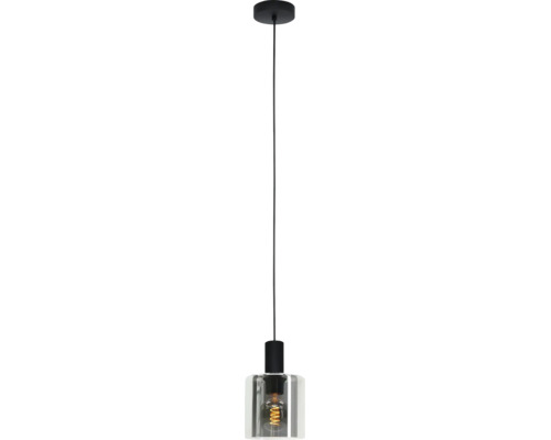 Hanglamp met cilindrische glazen kap, zwarte houder en zichtbare led-filamentlamp.