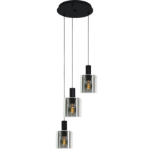 Drieliichts hanglamp met ronde plafondplaat, zwarte kabels en transparante glazen cilinders.