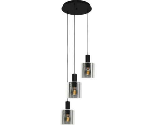 Drieliichts hanglamp met ronde plafondplaat, zwarte kabels en transparante glazen cilinders.