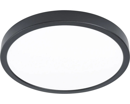 Ronde plafondlamp met zwart frame en witte kap.
