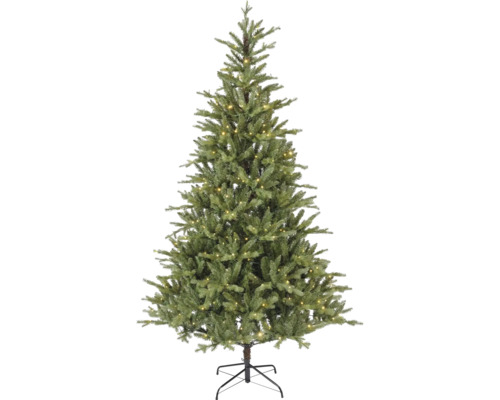 Kunstkerstboom met geïntegreerde ledverlichting en zwarte metalen standaard.