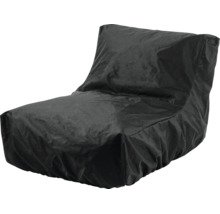 Zwarte zitzak in de vorm van een fauteuil, gemaakt van stevig materiaal.