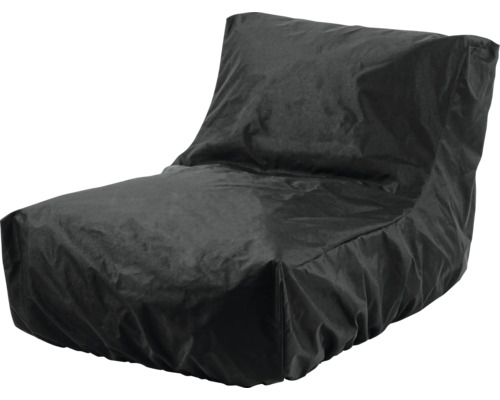 Zwarte zitzak in de vorm van een fauteuil, gemaakt van stevig materiaal.