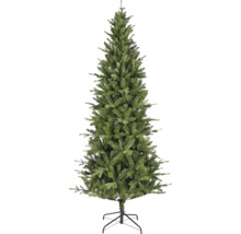 Kunstkerstboom in smalle, dichte vorm met een zwarte metalen standaard.