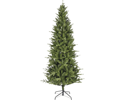 Kunstkerstboom in smalle, dichte vorm met een zwarte metalen standaard.