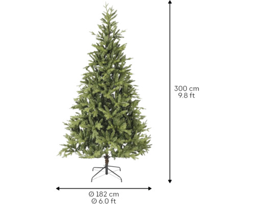 Kunstkerstboom, hoogte 300 centimeter, diameter 182 centimeter, inclusief metalen standaard.