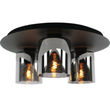 Drielamps plafondlamp met ronde basis, cilindervormige glazen kappen en decoratieve lichtbronnen.
