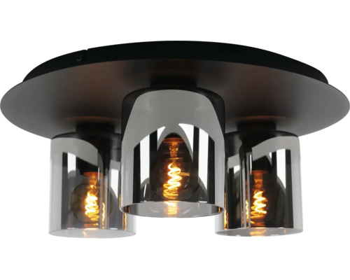Drielamps plafondlamp met ronde basis, cilindervormige glazen kappen en decoratieve lichtbronnen.