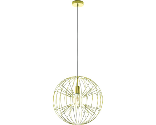 Hanglamp met bolvormige kap van goudkleurig draadwerk en zichtbare lichtbron.