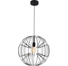 Zwarte hanglamp met ronde metalen draadkap in golfpatroon en zichtbare filamentlamp.