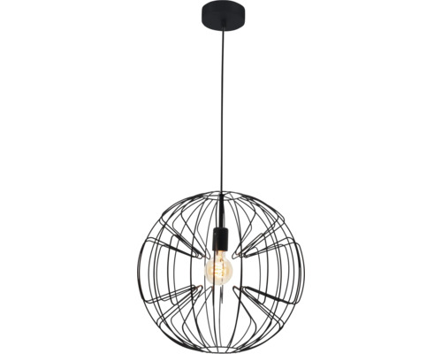 Zwarte hanglamp met ronde metalen draadkap in golfpatroon en zichtbare filamentlamp.