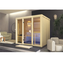 Moderne houten binnensauna met glazen pui, banken en kachel, geplaatst in een modern ingerichte kamer.