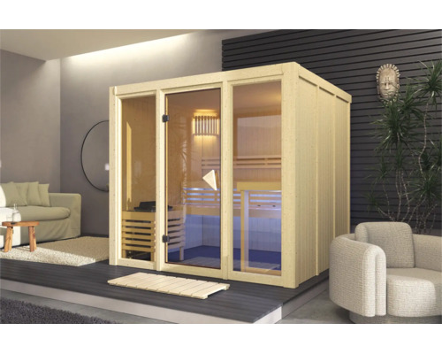 Moderne houten binnensauna met glazen pui, banken en kachel, geplaatst in een modern ingerichte kamer.