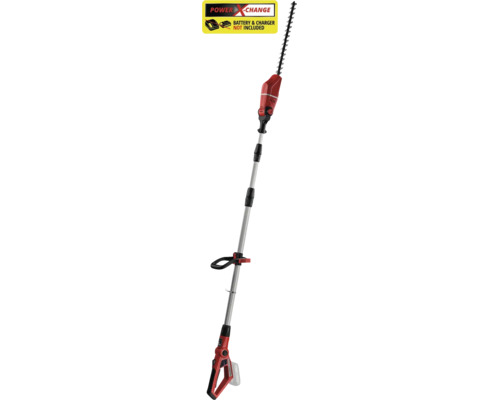 Accu telescopische heggenschaar met verstelbare kop, accu en lader niet inbegrepen. Einhell Power X-Change Logo.