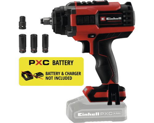 Einhell Professional accu-slagmoersleutel met borstelloze motor en drie dopsleutels, geleverd zonder accu en oplader.
