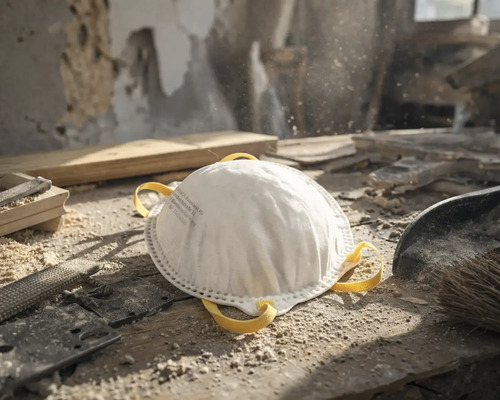Wit stofmasker op een stoffige werkbank in een werkplaats met gereedschap, houtresten en zaagsel.
