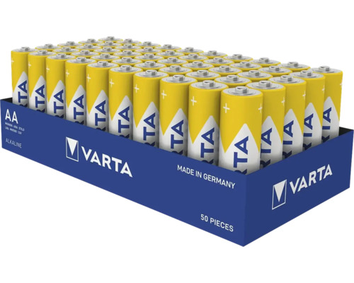 Varta AA Mignon alkaline batterijen, 50 stuks in een grootverpakking, gemaakt in Duitsland.