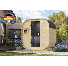Moderne Karibu houten vatsauna voor in de tuin met glazen deur en kwaliteitskeurmerk.