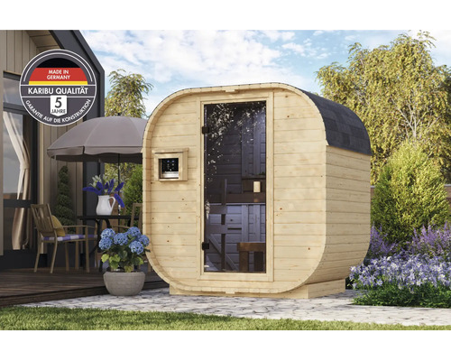 Moderne Karibu houten vatsauna voor in de tuin met glazen deur en kwaliteitskeurmerk.