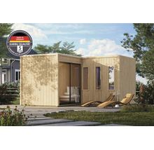 Moderne houten tuinlounge met kamerhoge ramen en terras in een tuin met Karibu kwaliteitslabel en 5 jaar garantie.