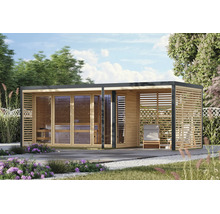 Houten tuinsauna met glazen pui en geïntegreerde overdekte loungeruimte voor buiten