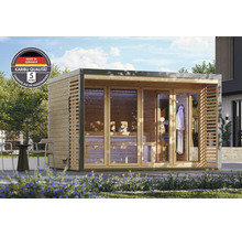 Moderne Karibu tuinsauna met glazen voorzijde en houten lamellen op een terras met fabrieksgarantie en Made in Germany keurmerk