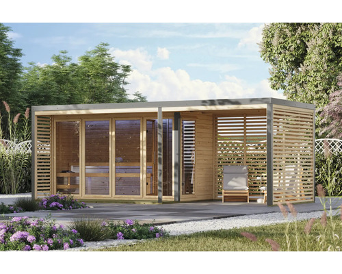 Moderne houten tuinsauna met glazen pui en geïntegreerde overdekte ruimte voor ontspanning in de tuin.