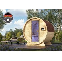 Houten ton sauna voor in de tuin met glazen voordeur en saunakachel inclusief kwaliteitszegel voor herkomst en vijf jaar constructiegarantie