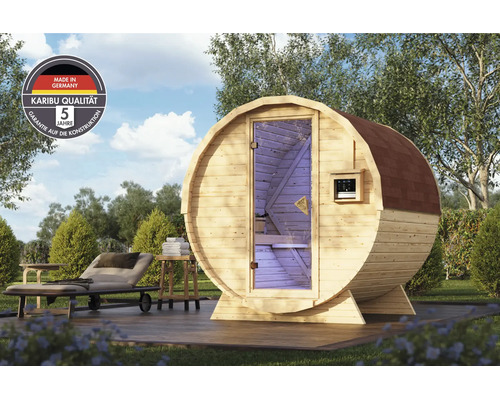 Houten ton sauna voor in de tuin met glazen voordeur en saunakachel inclusief kwaliteitszegel voor herkomst en vijf jaar constructiegarantie