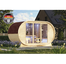 Moderne ovale houten saunaton met glazen pui in de tuin, inclusief Karibu kwaliteits- en fabrieksgarantiezegel.