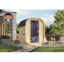 Karibu houten ton sauna voor in de tuin met vijf jaar garantie op de constructie en afkomstig uit Duitsland.