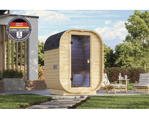 Karibu houten ton sauna voor in de tuin met vijf jaar garantie op de constructie en afkomstig uit Duitsland.