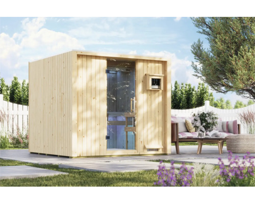 Moderne houten tuinsauna met glazen elementen voor in de tuin
