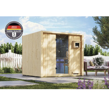 Moderne Karibu tuinsauna van hout met glazen voorkant op een terras met tuinmeubelen, inclusief fabrieksgarantie en kwaliteitszegel.