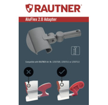 RAUTNER AluFlex 2.0 adapter voor telescoopstelen met compatibiliteitsinformatie voor andere artikelen en weergave van de juiste aansluiting.