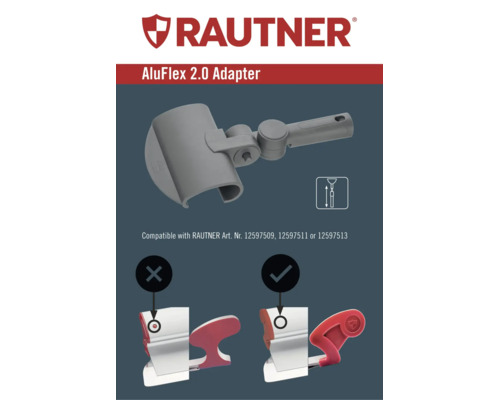 RAUTNER AluFlex 2.0 adapter voor telescoopstelen met compatibiliteitsinformatie voor andere artikelen en weergave van de juiste aansluiting.