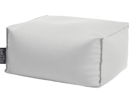Rechthoekige poef van gestructureerde stof met Sitting Point Logo.