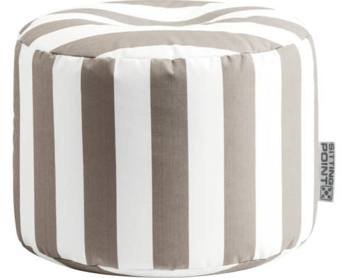 Ronde poef met verticaal strepenpatroon en Sitting Point Logo.