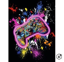 Fotobehang met een kleurrijke gamecontroller in graffitistijl, omringd door een lichtgevende neonrand en verfspatten. (Image AI modified or generated)